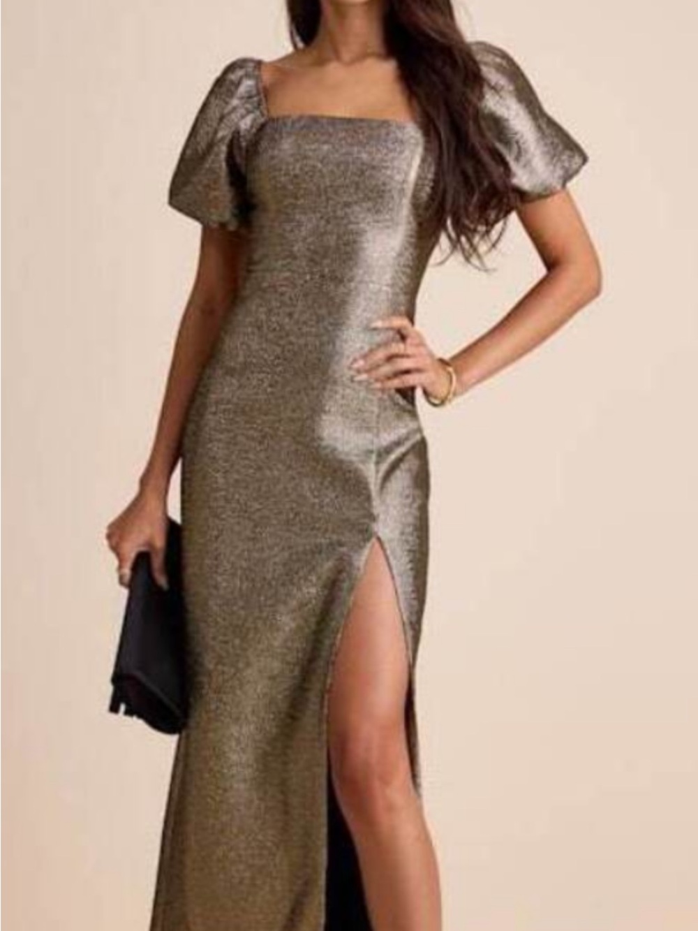 Lulus Metallic Gold Evening Gown with Puff Sleeve and Thigh Slit